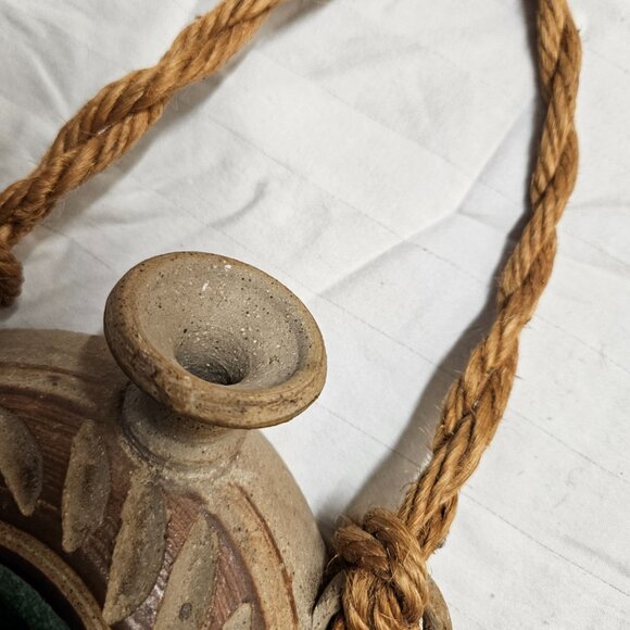 Wall Pocket Canteen Vase Stoneware w/Crackle Glass Art Pottery Hanging Decor - Picture 4 of 12